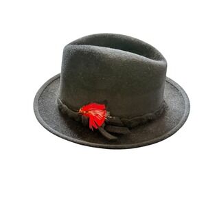 Mrs. Dewson's Hats Fedora Hat Black Red Feather Accent Size 7 Made in Canada